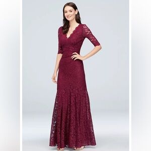 New NIGHTWAY
V-Neck Ruched Lace Mermaid Gown with 3/4 Sleeves